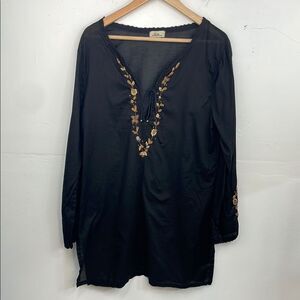 Tommy Bahamas Embroidered Black Tunic Top semi sheer boho size Medium Cotton